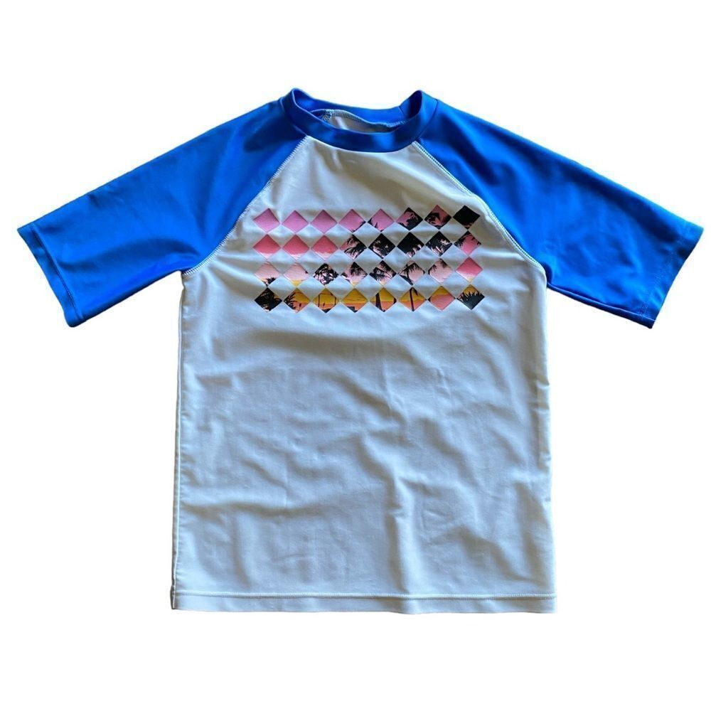 Rash Guard Swimming Shirt Boys Medium White Blue Tropical Swim